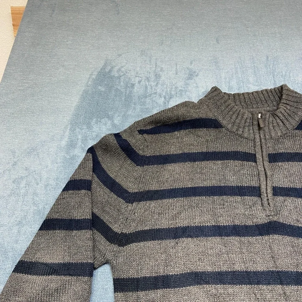 Pierre Cardin Sweater Mens XL Blue Gray Striped Acrylic Quarter Zip Tight Knit